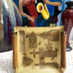 Mid-Century Glass Gold-Tone Inlaid Design Curved Edging Teakwood Handles Tray